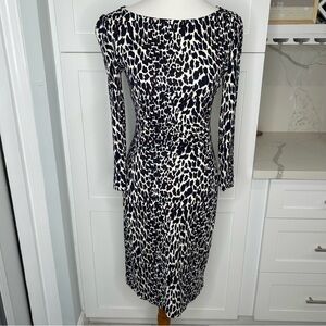 Tory Burch Navy Blue Brown Ruched Waist Leopard Print Sheath Dress Size XS